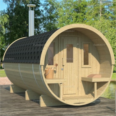 Log Barrel Sauna 960 - 2 Rooms, Felt Tiles, Verandah Log Barrel Sauna 960 - 2 Rooms, Felt Tiles, Verandah