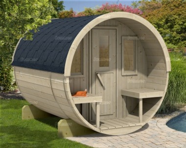 Log Barrel Sauna 985 - Slatted Benches, Felt Tiles, Verandah Log Barrel Sauna 985 - Slatted Benches, Felt Tiles, Verandah