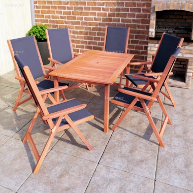 6 Seater Hardwood Set 107 - Textilene Reclining Chairs, Traditional Table
