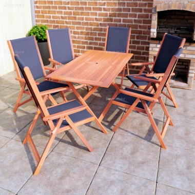 6 Seater Hardwood Set 109 - Textilene Reclining Chairs, Rectangular Table