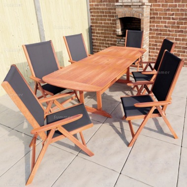 6 Seater Hardwood Set 138 - Textilene Reclining Chairs, Extending Table