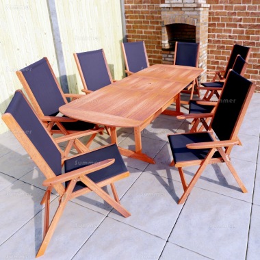 8 Seater Hardwood Set 139 - Textilene Reclining Chairs, Extending Table