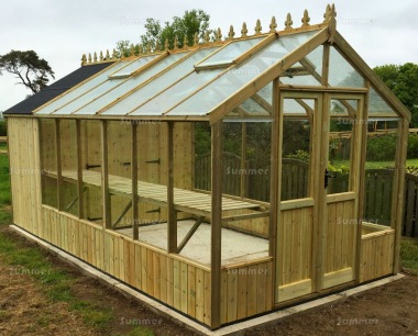 Pressure Treated Greenhouse 576 - Toughened Glass, Built In Shed