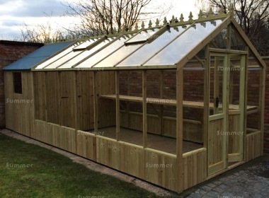 Pressure Treated Greenhouse 578 - Toughened Glass, Built In Shed, Fitted Free