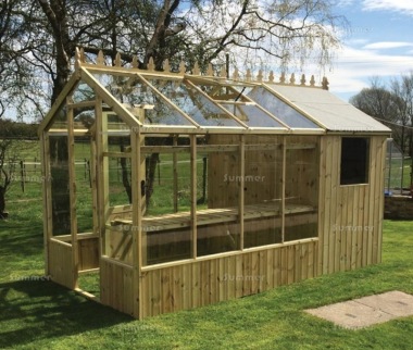 Pressure Treated Greenhouse 580 - Toughened Glass, Built In Shed, Fitted Free Pressure Treated Greenhouse 580 - Toughened Glass, Built In Shed, Fitted Free