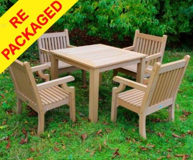 Repackaged Synthetic Wood 4 Seat Dining Set 250 - Teak Finish, Maintenance Free Repackaged Synthetic Wood 4 Seat Dining Set 250 - Teak Finish, Maintenance Free